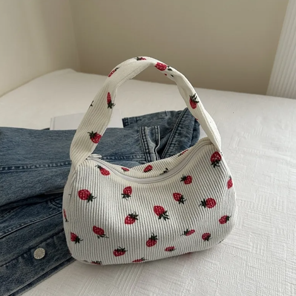 Women Small Corduroy Handbag Cute Strawberry Print Little Tote Underarm Bag