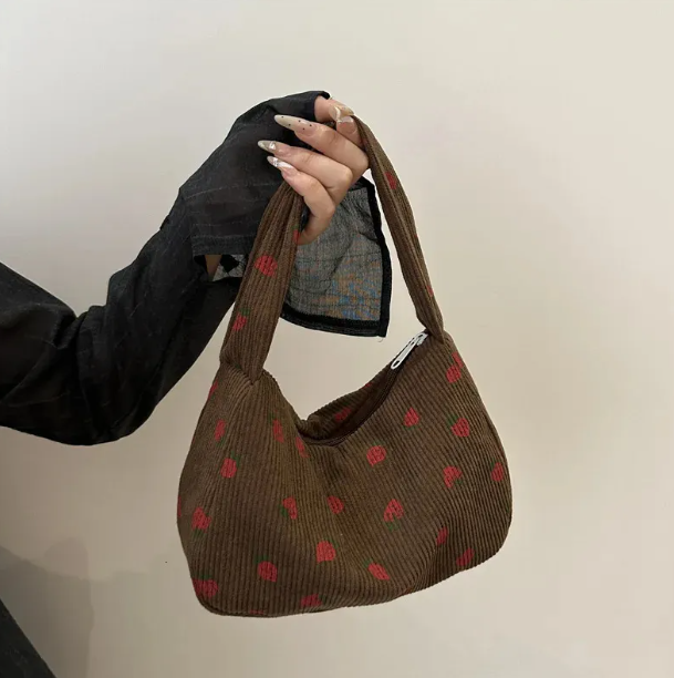 Women Small Corduroy Handbag Cute Strawberry Print Little Tote Underarm Bag