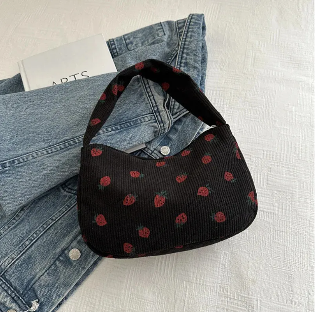 Women Small Corduroy Handbag Cute Strawberry Print Little Tote Underarm Bag