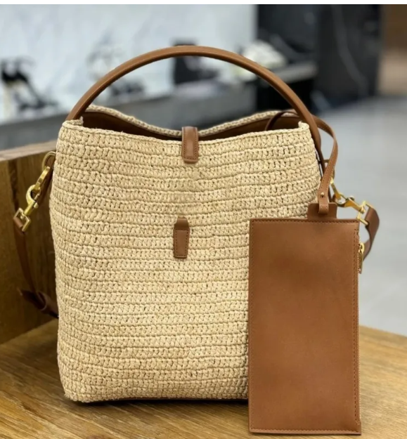 Leather Bucket Bag Raffia Crochet Straw Bag Shoulder Bags