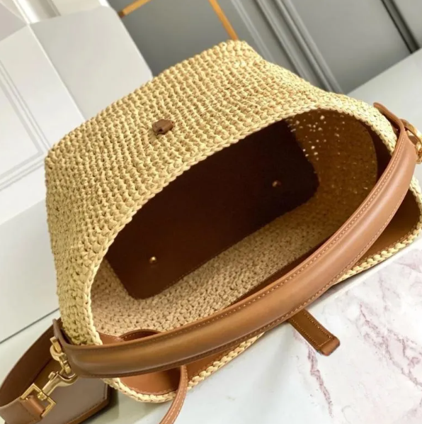 Leather Bucket Bag Raffia Crochet Straw Bag Shoulder Bags