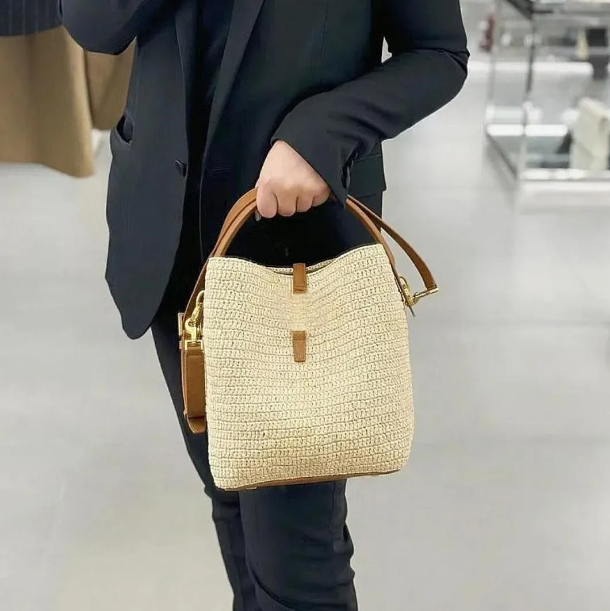 Leather Bucket Bag Raffia Crochet Straw Bag Shoulder Bags