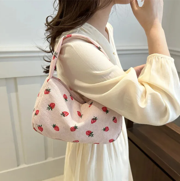 Women Small Corduroy Handbag Cute Strawberry Print Little Tote Underarm Bag